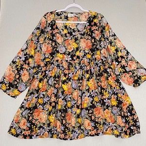 Oversized Tunic Blouse Womens Large Indian Black Floral Print Long Sleeves